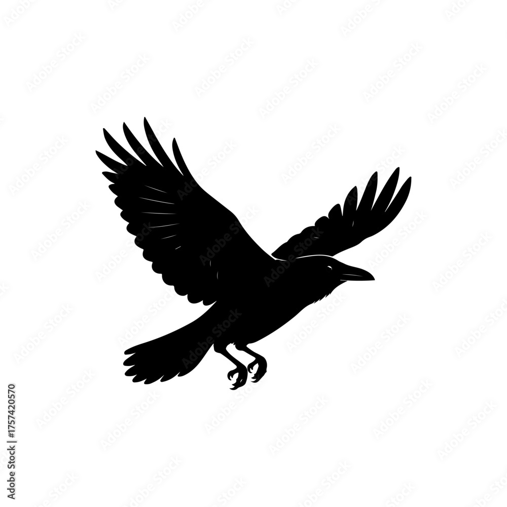 Fototapeta premium Flying Raven Silhouette Black Crow Bird Vector Illustration on White Background