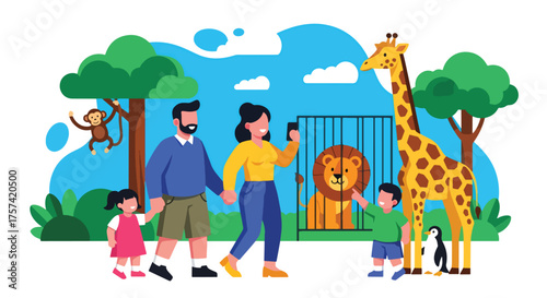 Adobe illustrator artwork vector illustration of a happy family enjoying a day at the zoo, with parents and children observing animals, emphasizing wildlife exploration and family fun