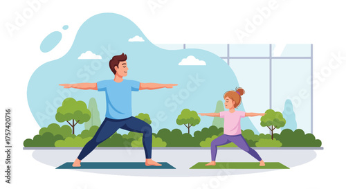 Adobe illustrator artwork vector illustration of a father and daughter doing yoga together in warrior pose outdoors, symbolizing family wellness, healthy habits, and joyful bonding