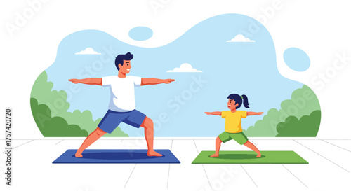 Adobe illustrator artwork vector illustration of a father and daughter doing yoga together in warrior pose outdoors, symbolizing family wellness, healthy habits, and joyful bonding