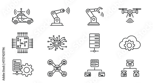 Modern technology icons representing innovation automation robotics data cloud and networking concepts vector