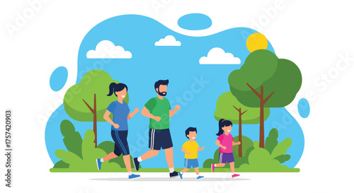 Adobe illustrator artwork vector illustration of a happy family, mother, father, and child, jogging outdoors in a park on a sunny day, symbolizing health, fitness, and family bonding