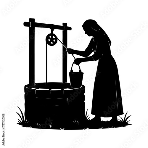 Traditional Woman Using Old Fashioned Water Well Vintage Silhouette Artwork