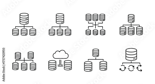Database architecture icons set stylized data storage network connection cloud computing server concepts vector
