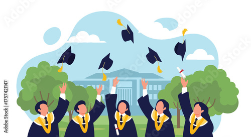 Adobe illustrator artwork vector illustration of a joyful group of diverse university graduates tossing their caps in front of the university building, celebrating their academic achievement