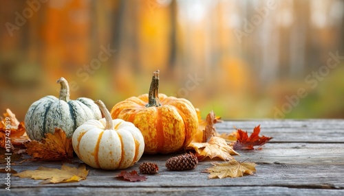 Pumpkins and autumn leaves on wooden planks, autumn forest background, thanksgiving panoramic banner