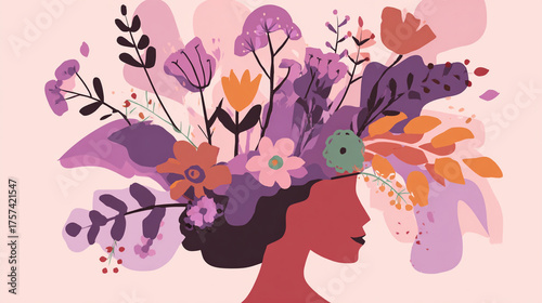 Surreal flat illustration of a woman with flowers from her head, vibrant colors evoke mental growth and wellbeing