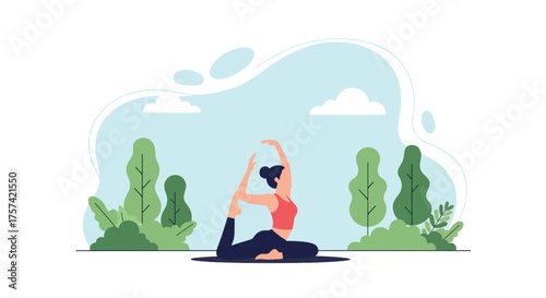 Adobe illustrator artwork vector illustration of a serene woman meditating in a lotus position with arms raised, surrounded by nature, symbolizing peace, wellness, and outdoor mindfulness
