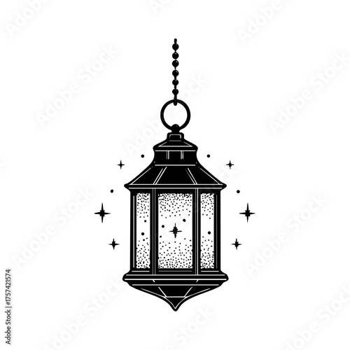 Hanging lantern glowing among stars, symbolizing hope, warmth, and festive winter or holiday atmosphere.