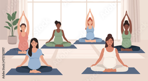Adobe illustrator artwork vector illustration of a diverse group of pregnant women performing various yoga poses in a bright studio, emphasizing health, wellness, and prenatal fitness