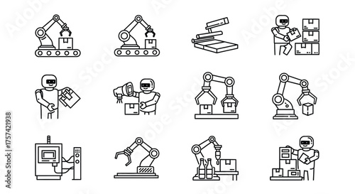 Set of 12 hand drawn industrial automation icons robot factory manufacturing technology concept vector