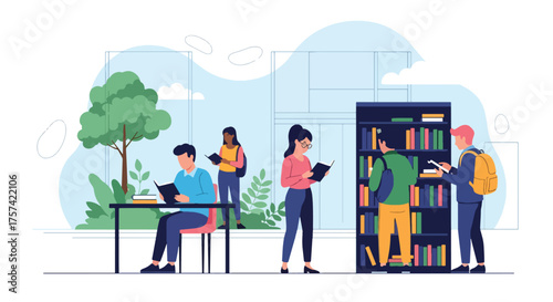 Adobe illustrator artwork vector illustration of a bustling modern library, with diverse students actively reading, studying, and selecting books, emphasizing a vibrant learning atmosphere