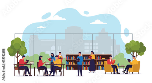 Adobe illustrator artwork vector illustration of a bustling modern library, with diverse students actively reading, studying, and selecting books, emphasizing a vibrant learning atmosphere