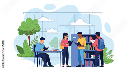 Adobe illustrator artwork vector illustration of a bustling modern library, with diverse students actively reading, studying, and selecting books, emphasizing a vibrant learning atmosphere