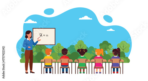 Adobe illustrator artwork vector illustration of a diverse classroom with a female teacher pointing at a lesson, and young students sitting at desks, learning in an engaging environment