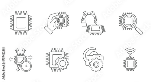 Set of technology icons featuring microchips robotic arms and circuits for digital innovation concepts vector