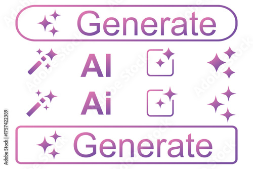 AI generated icon on white background. AI generate button and AI star and square icon. Artificial intelligence and Machine learning icon button concept in trendy neumorphic style. Generative AI logo 