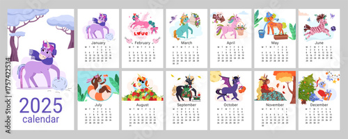 2026 calendar with cute unicorn vector illustrations for each month. 12 vertical pages with Chinese New Year symbol. Colorful and playful horse characters representing different seasons and holidays.