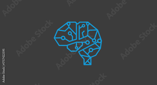 Digital brain outlined in blue with circuit-like paths on gray