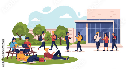 Adobe illustrator artwork vector illustration of a lively university campus scene, depicting students engaged in various academic and social activities outdoors