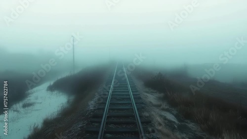 Drone view over the abandoned railway tracks on a foggy marshes