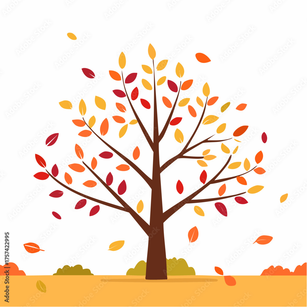 Fototapeta premium Stylized Autumn Tree with Falling Leaves in Orange, Red, and Yellow on White Background Representing Seasonal Change