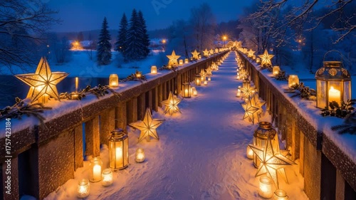 Enchanting winter bridge illuminated by lanterns and stars at night