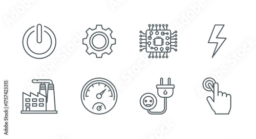 Set of eight industrial technology icons representing power manufacturing industry automation and energy vector