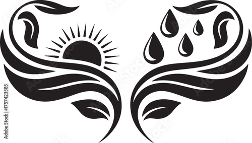 Sun and rain with leaves isolated on white background for nature and weather concept