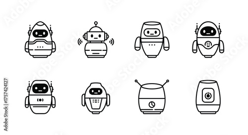 Collection of cute robot icons futuristic technology characters simple line art designs vector