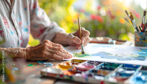 Close-up of an elderly person's hands painting with watercolors and a brush outdoors, enjoying a creative hobby.