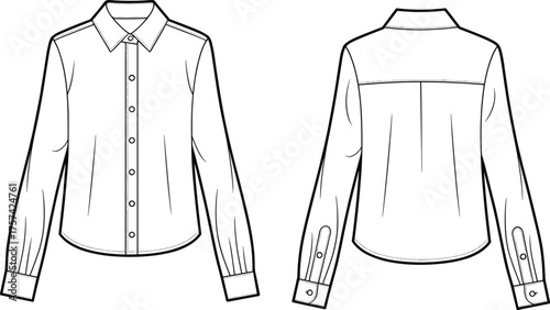 Button up shirt flat sketch, long sleeve apparel design, pointed collar, central back seam, cuff detail, cad drawing fashion vector illustration