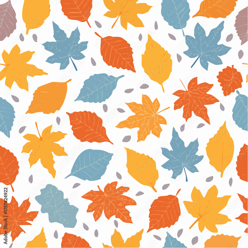Fototapeta premium Seamless Pattern of Colorful Autumn Leaves Featuring Maple, Oak, and Chestnut Shapes on White Background
