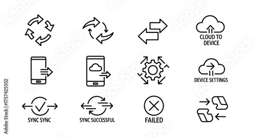 Collection of thin line icons representing cloud computing data transfer and network processes vector