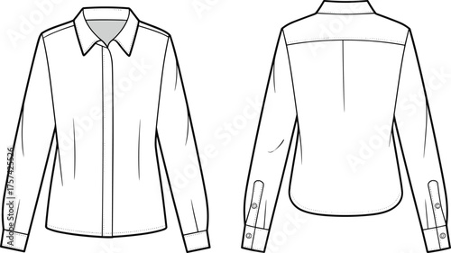 Button up shirt flat sketch, long sleeve apparel design, pointed collar, curved hem, cuff detail, cad drawing fashion vector illustration