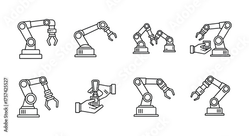 Collection of industrial robot arm icons showing various movements and tools for automation and manufacturing vector
