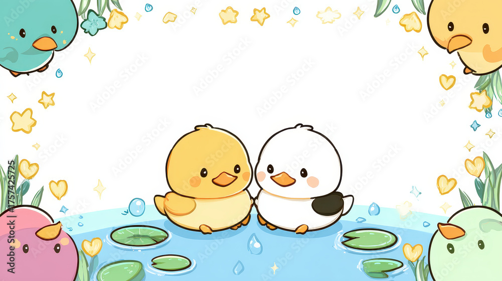 Fototapeta premium Cute Ducklings: a heartwarming illustration depicts two adorable ducklings cuddling in a tranquil pond, surrounded by playful floral elements, embodies sweetness and friendship.