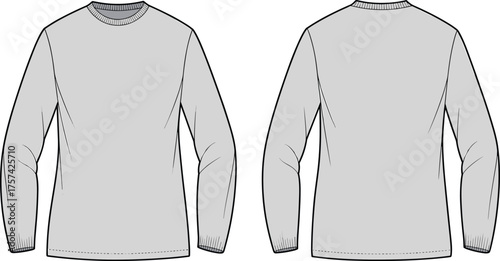 Crew neck shirt flat sketch, long sleeve apparel design, plain casual top, front and back view, cad drawing fashion vector illustrationCrew neck shirt flat sketch, long sleeve apparel design,