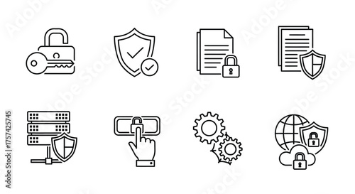 Set of eight security and technology icons featuring locks keys shields and data for digital protection concepts vector