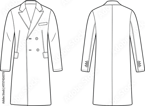 Double breasted overcoat flat sketch, men’s fashion coat design, notched lapel, flap pockets, cuff button detail, cad drawing vector illustration