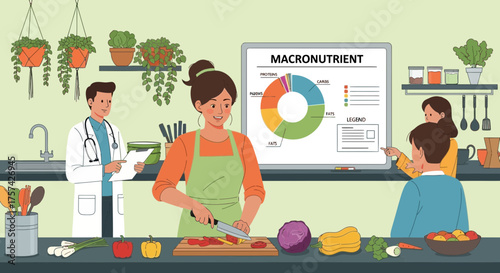Illustrative depiction of nutrition consultation with doctor and educational diagram