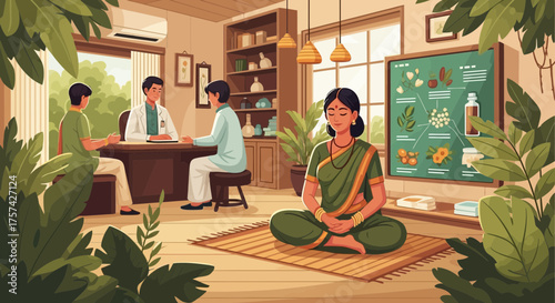 Integrative medicine setting featuring a relaxed woman practicing yoga and consultation