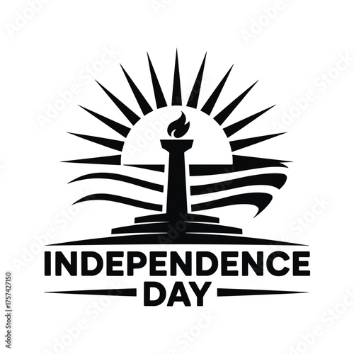 Wallpaper Mural Black silhouette of a torch on a pedestal with sunburst and waves, Independence Day text Keywords: independence day, torch, flame, fire, light, sun, sunburst, rays, waves, water, sea, pedestal Torontodigital.ca