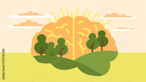 Flat illustration of a brain shaped like a sunny landscape with trees, hills, and bright sky, symbolizing mental health, clarity, and wellness