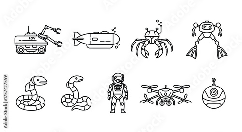 Set of underwater exploration line icons isolated on white background