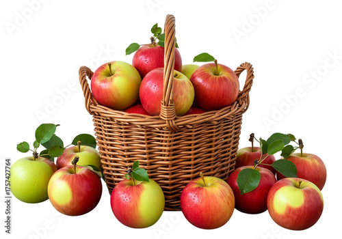 A woven basket overflowing with ripe red and green apples, with several apples scattered around it, isolated on transparent background