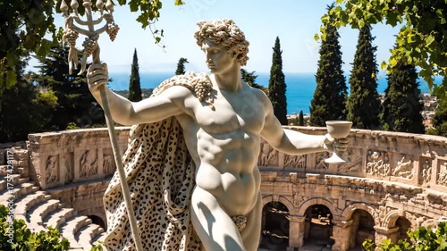statue of Dionysus (Bacchus) with leopard skin cloak, holding thyrsus and drinking cup, standing in ancient ruins and overgrown garden with sea view, classical mythology, art, and history concept