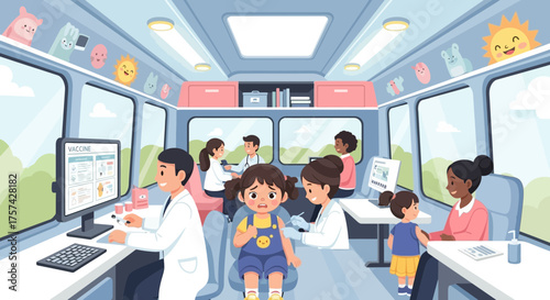 Mobile pediatric vaccination unit administering doses to children, ensuring their health