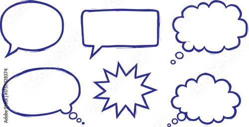 Collection of handdrawn speech bubbles isolated on white background set of doodle style thinking balloons with different shapes and sizes vector illustration of communication elements