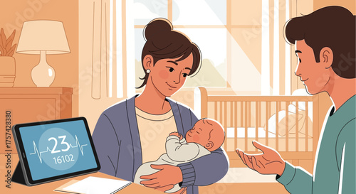Modern family at home using telehealth for their newborn baby's health check